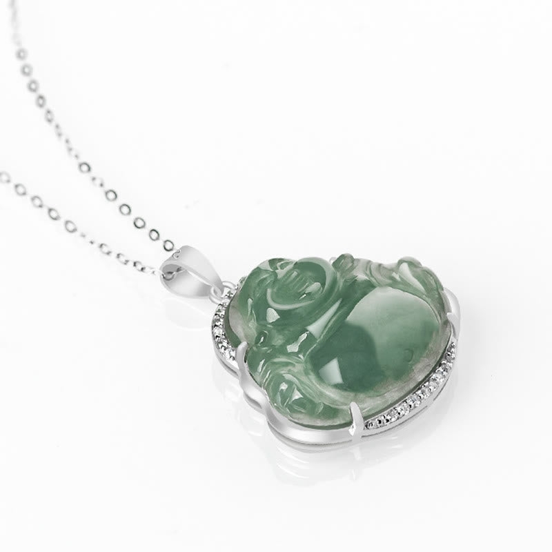 Collana con Buddha Stones in argento sterling 925 con ciondolo a forma di Buddha che ride, giada naturale, fortuna e prosperità - image 3