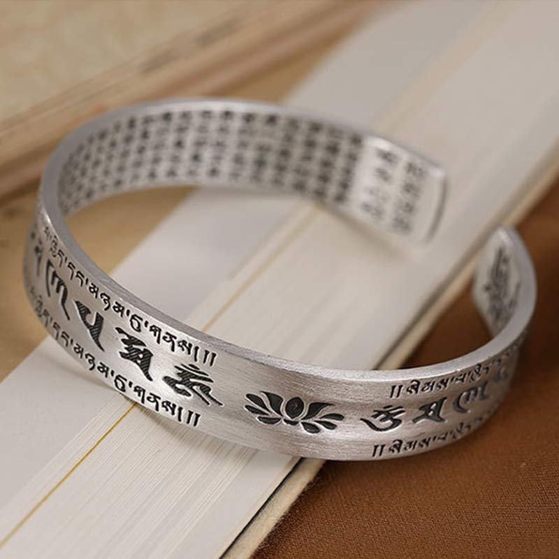 Buddha Stones 999 Sterling Silver Om Mani Padme Hum Lotus Wisdom Bracciale Bangle