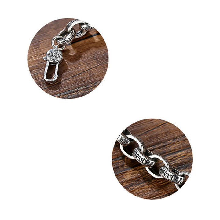 Braccialetto con scritta "Buddha Stones" in argento sterling 925 con incisione Om Mani Padme Hum e simbolo della pace