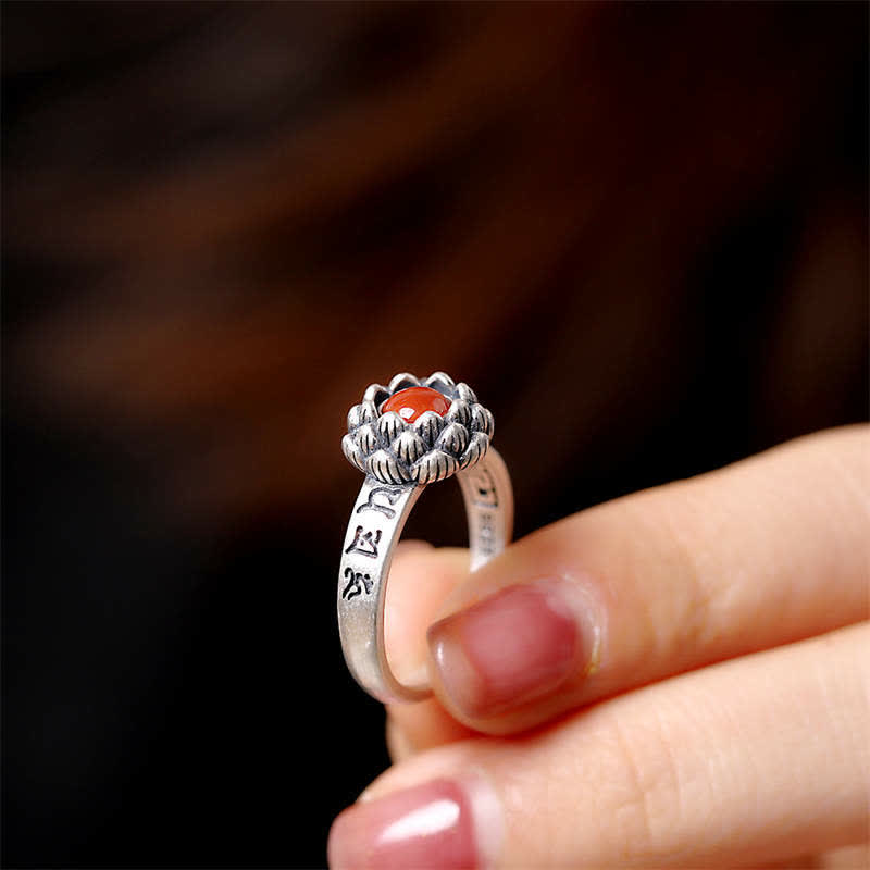 Buddha Stones925 Sterling Silver Lotus Red Agate Anello di Benedizione della Fiducia - image 3