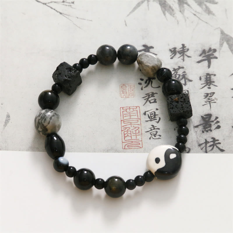 Braccialetto di protezione della fortuna Yin Yang con perline di diaspro Picasso in onice nero Buddha Stones - image 11
