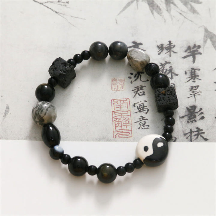 Braccialetto di protezione della fortuna Yin Yang con perline di diaspro Picasso in onice nero Buddha Stones - image 11