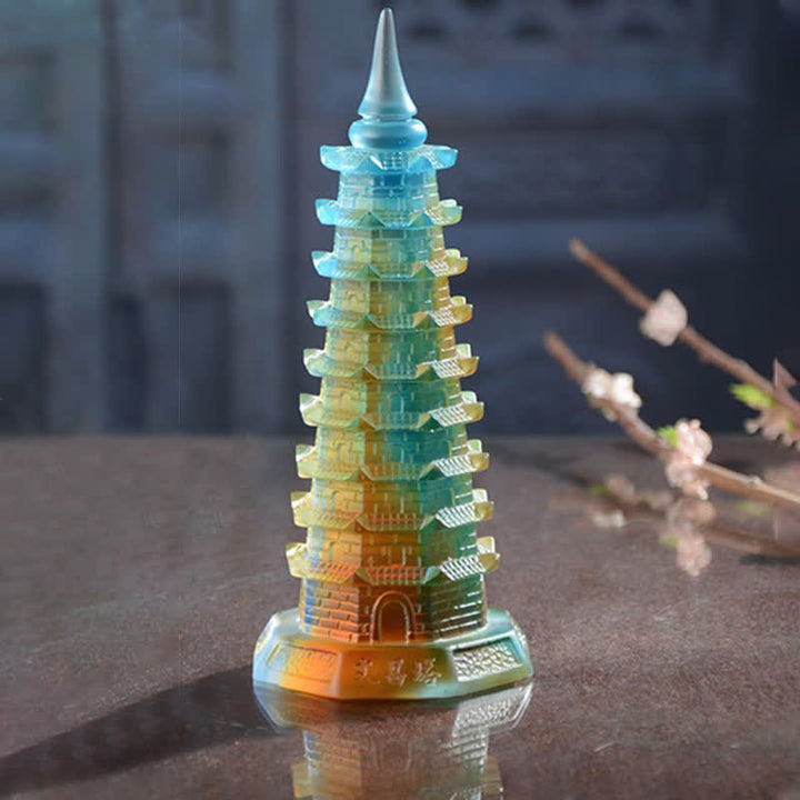 Torre di Wenchang Feng Shui fatta a mano in cristallo Liuli Pagoda Pezzo d'arte Fortuna Decorazione per ufficio in casa