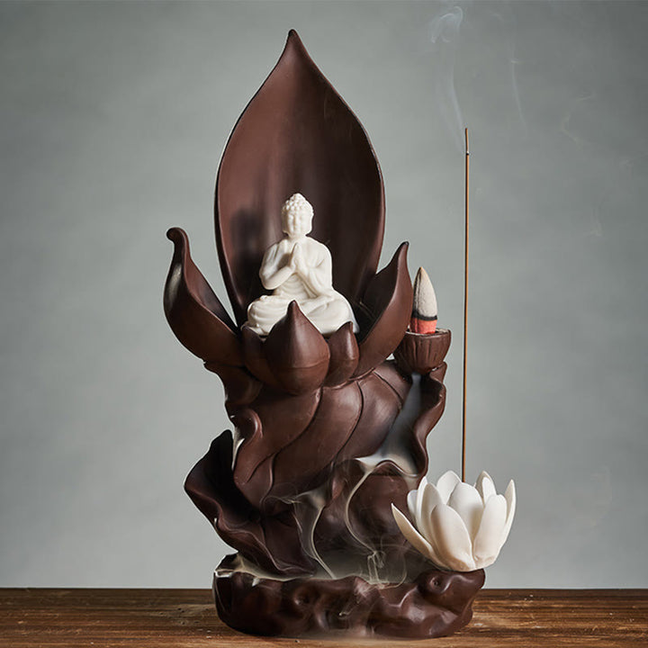 Buddha Stones Buddha di loto Avalokitesvara Illuminazione Bruciatore di incenso in argilla viola Decorazione