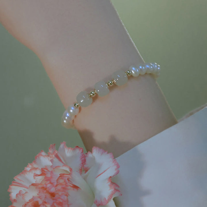 Braccialetto a catena con perle di sincerità in giada bianca e giada ciano di Hetian, placcato in oro 14K