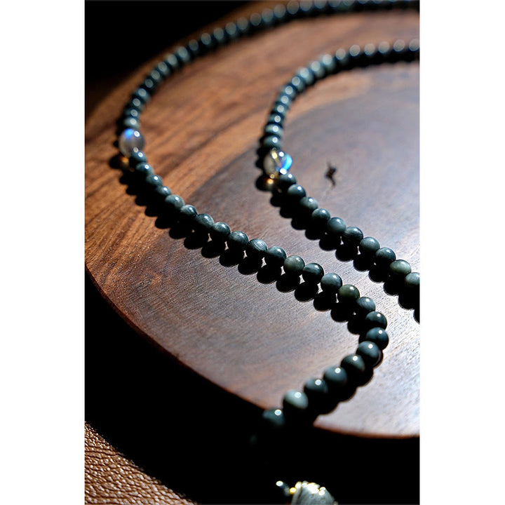 Buddha Stones Argento Sterling 925 108 Perline Mala Pietra Occhio d'Aquila Pietra di Luna Braccialetto Positivo