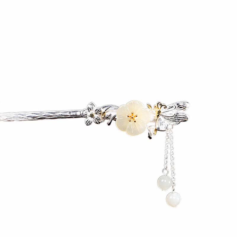 Forcina per capelli con fiore di giada bianca Hetian in argento sterling 925