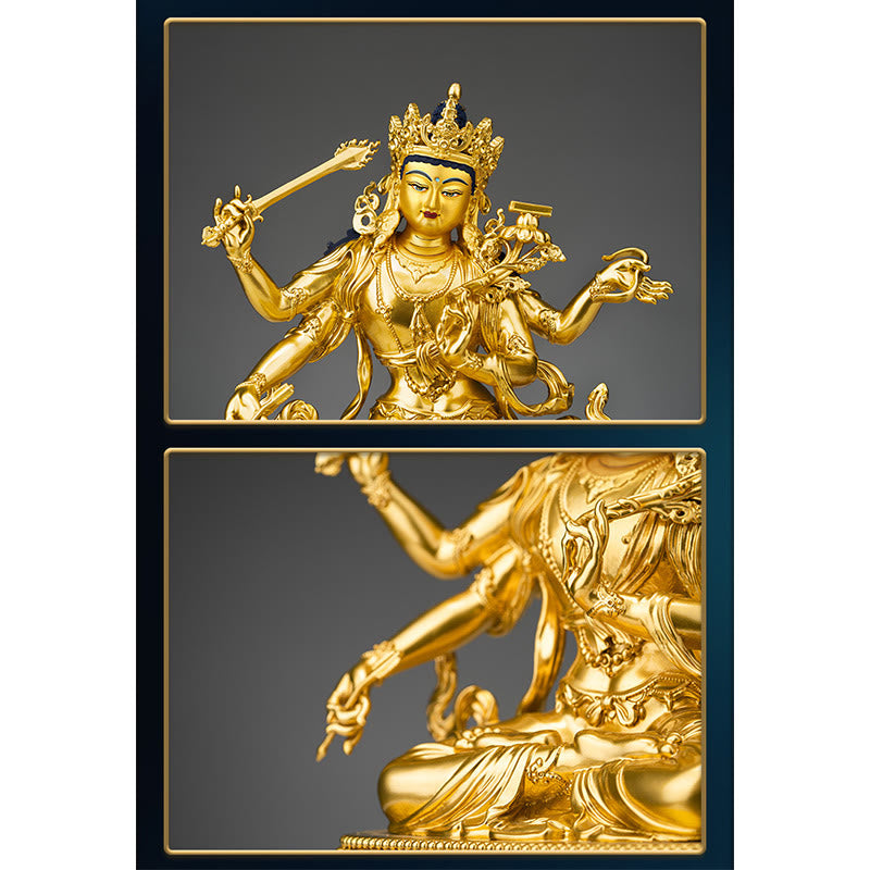 Statua in rame della compassione e serenità del Bodhisattva Manjusri a quattro braccia, statuetta in oro, decorazione per la casa