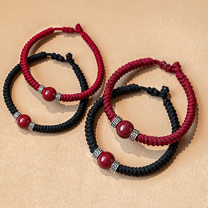 Braccialetto in corda intrecciata fatto a mano con perline di cinabro naturale in argento sterling 925 Buddha Stones