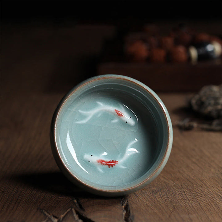 Buddha Stones Koi Fish colorato Tazza da tè in ceramica Kung Fu Tazza da tè Ciotola - Pesce Koi doppio verde 6,8 cm * 3,4 cm * 55 ml - image 34