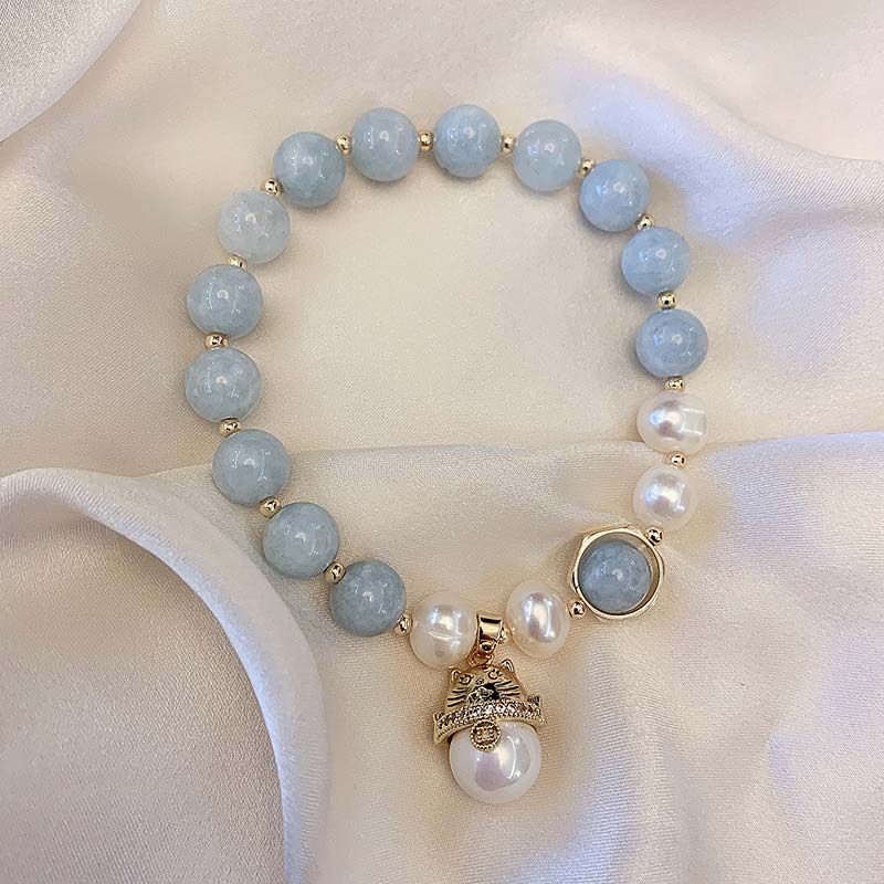 Braccialetto portafortuna con gatto , Buddha Stones, acquamarina, perla e guarigione della pace - image 6