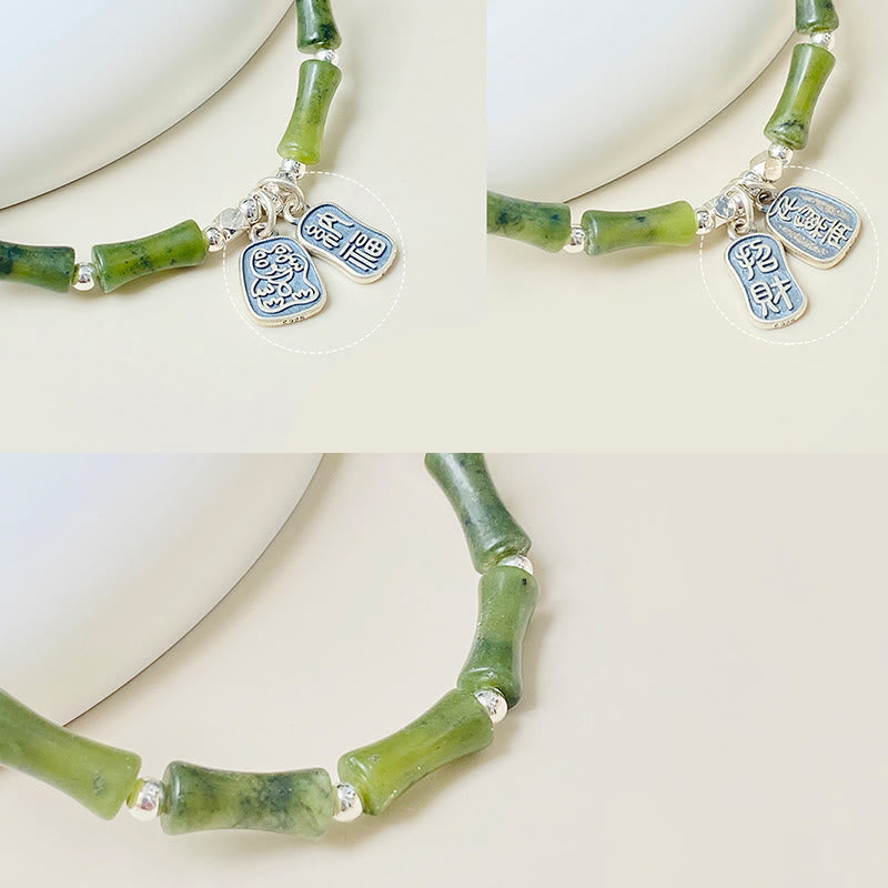 Bracciale Buddha Stones 925 Sterling Silver Bamboo Jade Lucky Cat Fu Character Luck Abundance