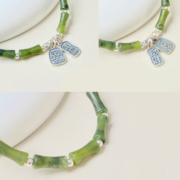 Bracciale Buddha Stones 925 Sterling Silver Bamboo Jade Lucky Cat Fu Character Luck Abundance