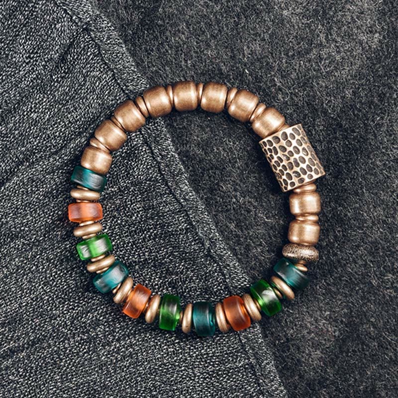 Braccialetto di ricchezza in rame con perline di vetro colorate tibetane