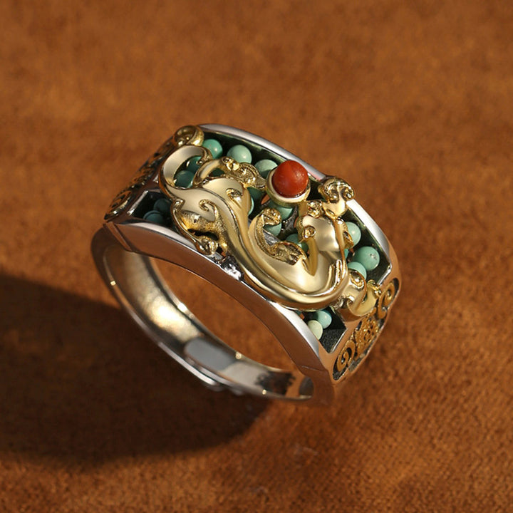 Anello di protezione PiXiu Abacus in argento sterling 925 Buddha Stones e agata rossa turchese