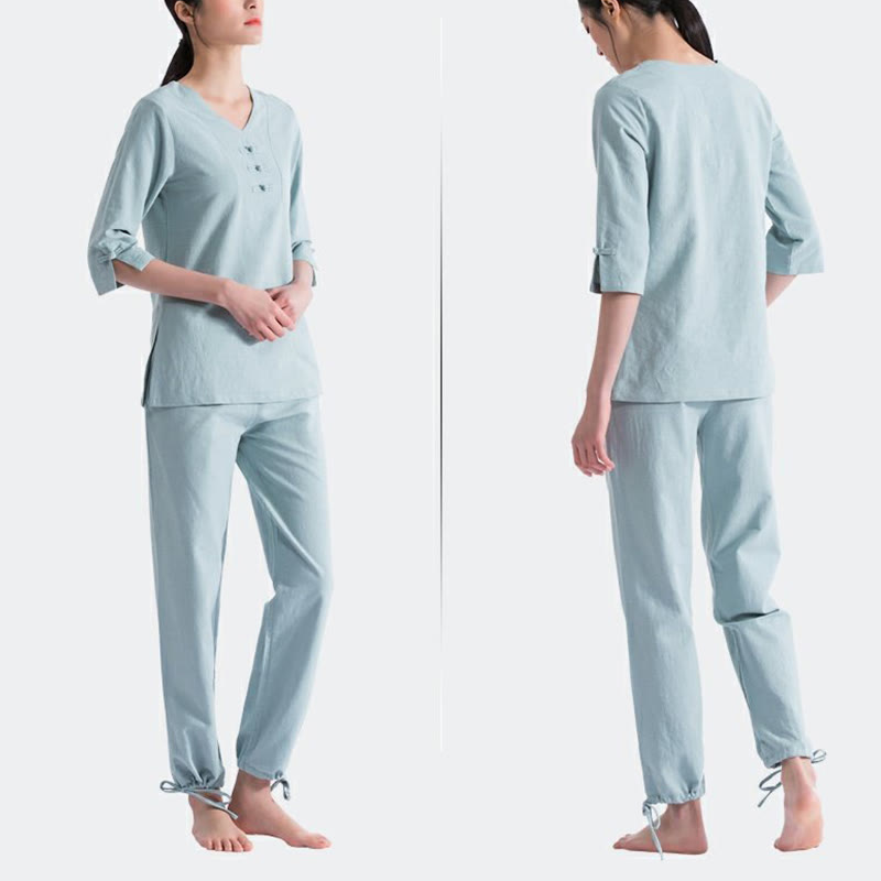 Buddha Stones Yoga Meditazione Preghiera Scollo a V Design Cotone Lino Abbigliamento Uniforme Zen Pratica Set da Donna - image 1