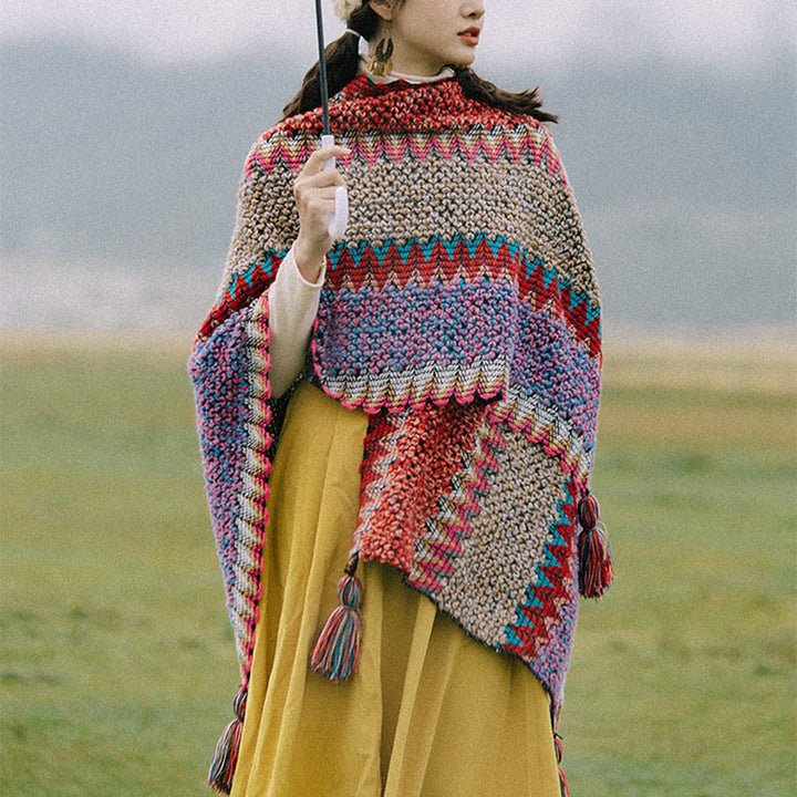Scialle tibetano lavorato a maglia con Buddha Stones, mantello caldo, sciarpa tibetana con nappe