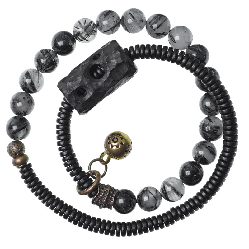 Braccialetto di coppia della saggezza del rame del legno di ebano del quarzo rutilato nero Buddha Stones
