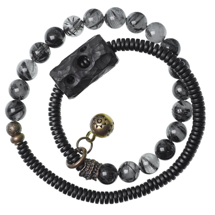 Braccialetto di coppia della saggezza del rame del legno di ebano del quarzo rutilato nero Buddha Stones