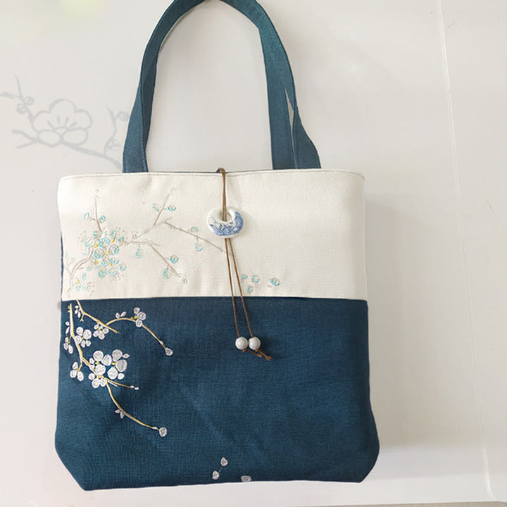 Borsa a tracolla grande capacità in tela con ricamo in bambù, prugna, fiore di pera, pesco