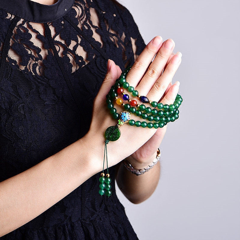 Buddha Stones 108 Mala Beads Braccialetto di supporto energetico in agata verde naturale