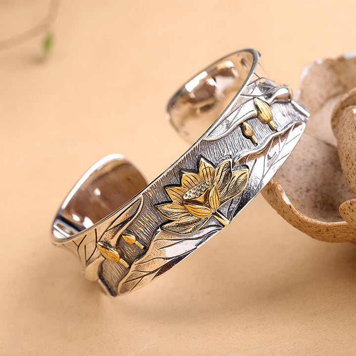 Braccialetto regolabile Buddha Stones 925 Sterling Silver Lotus Flower Calm