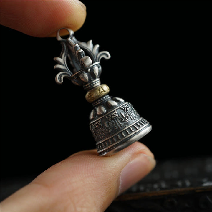 Buddha Stones Tibet 925 Sterling Silver Om Mani Padme Hum Dorje Campana Vajra Inciso Illuminazione Ciondolo Appeso Decorazione