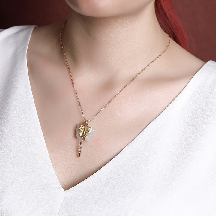 Collana con ciondolo a forma di farfalla in giada bianca Hetian, placcata in argento sterling 925, con Buddha Stones e ciondolo a forma di farfalla in giada bianca Hetian.