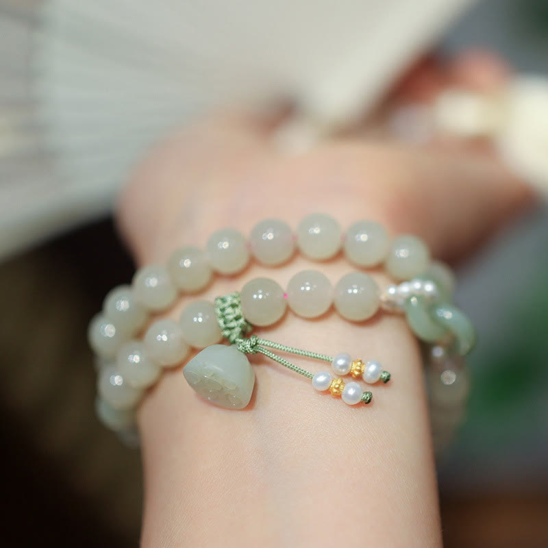 Braccialetto a doppio giro con fibbia della pace in giada Hetian in argento sterling 925 Buddha Stones Lotus Luck