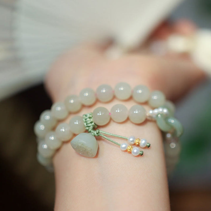 Braccialetto a doppio giro con fibbia della pace in giada Hetian in argento sterling 925 Buddha Stones Lotus Luck