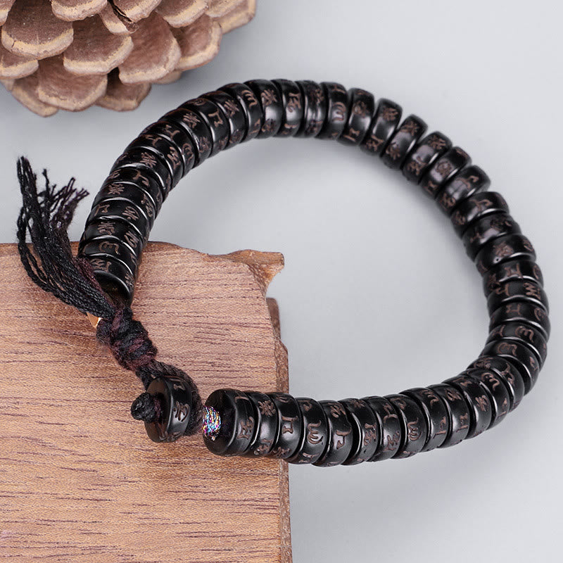 Buddha Stones Perline di guscio di cocco tibetano Braccialetto con corda positiva incisa Om Mani Padme Hum Mantra - Guscio di cocco (circonferenza del polso: 17-19 cm) - image 0