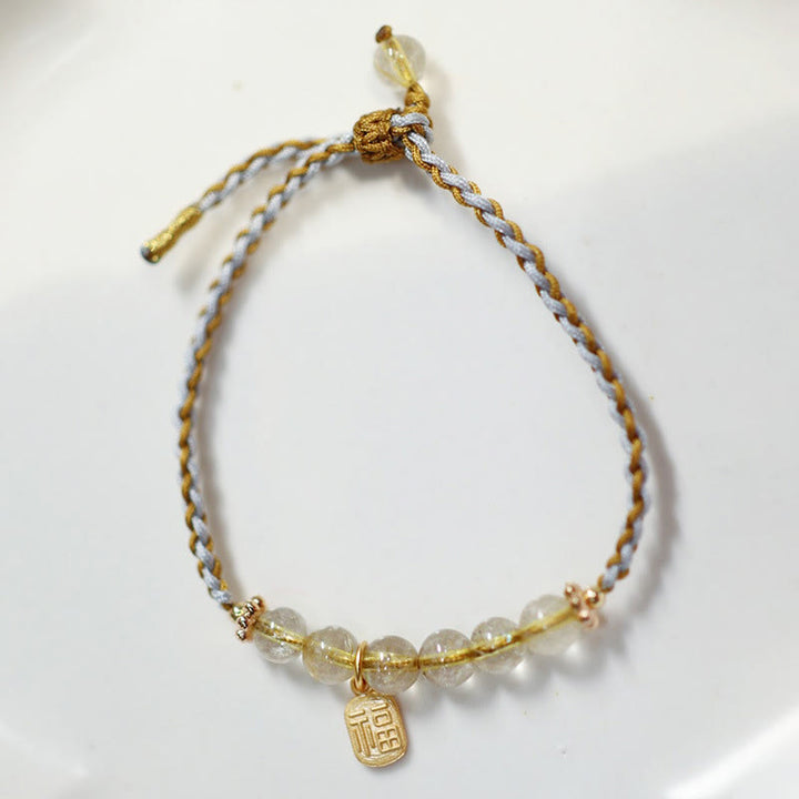 Braccialetto intrecciato con carattere Fu in argento sterling 925, giada naturale, quarzo rutilato e zucca, con fortuna