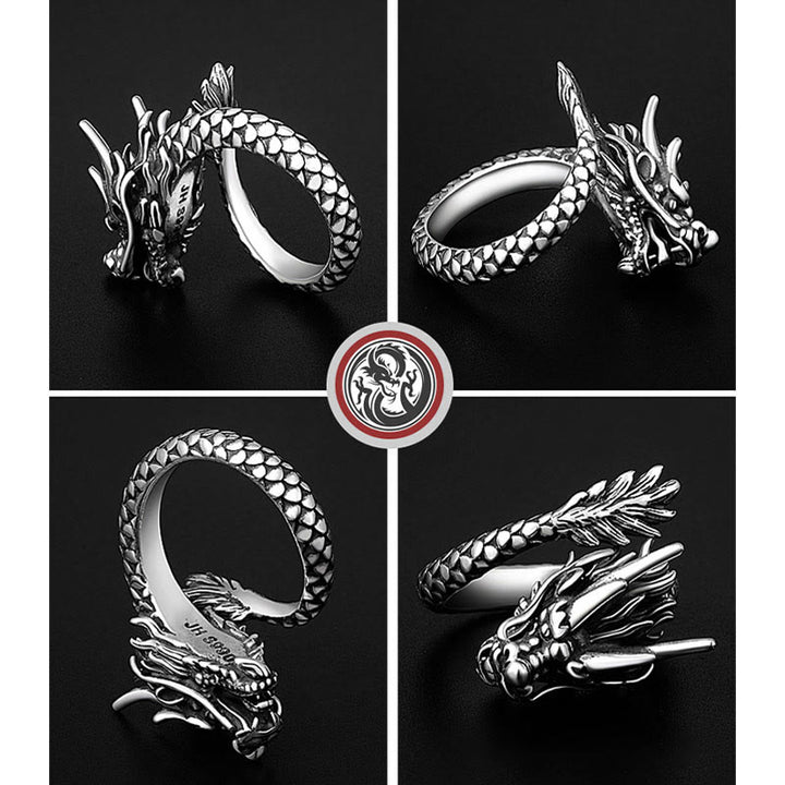 Anello regolabile Buddha Stones 990 Sterling Silver Vintage Dragon Design Luck Protection Strength