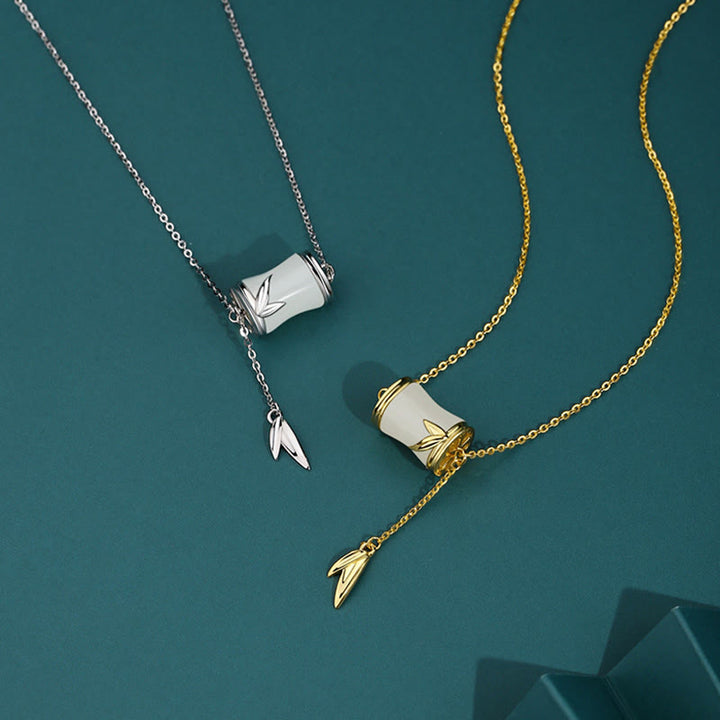 Buddha Stones 925 Sterling Silver 22K Oro Hetian Giada Bianca Foglia di Bambù Collana Pendente Bracciale Portafortuna - image 1