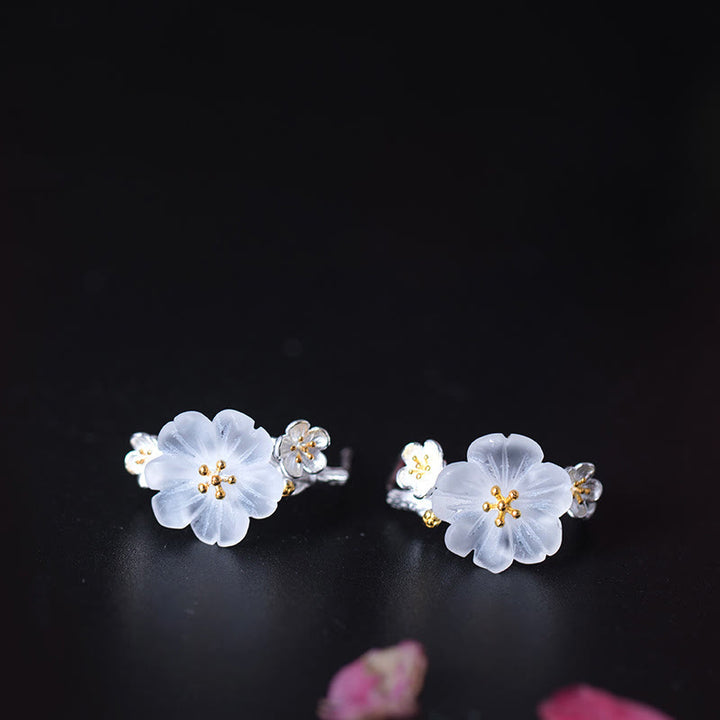 Orecchini Buddha Stones in argento sterling 925 con fiori di prugna e benedizione floreale