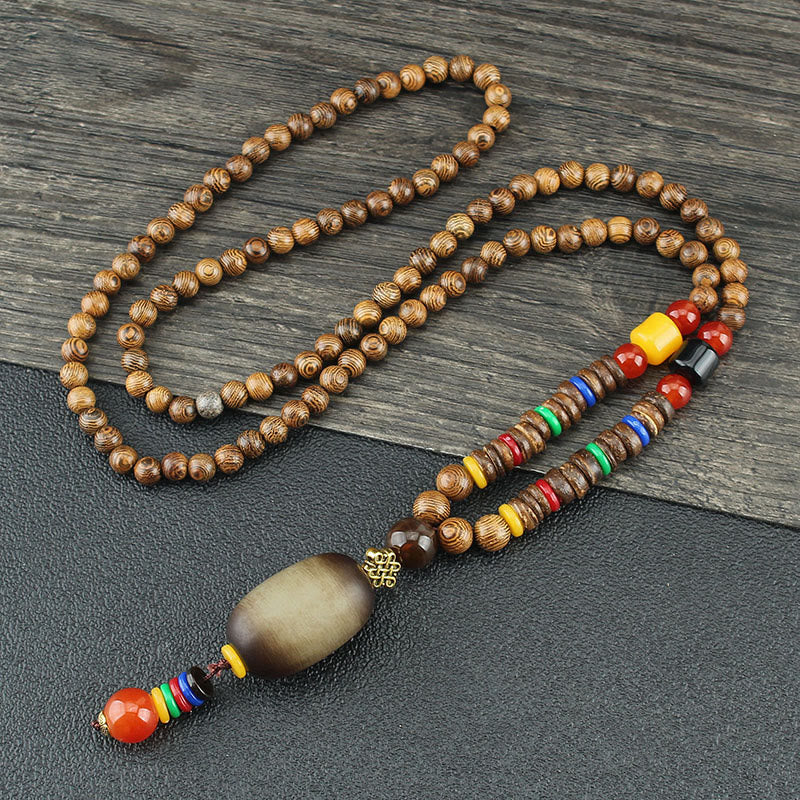 Buddha Stones Tibetano Legno Wenge Bodhi Seme Agata Equilibrio Pace Collana Pendente