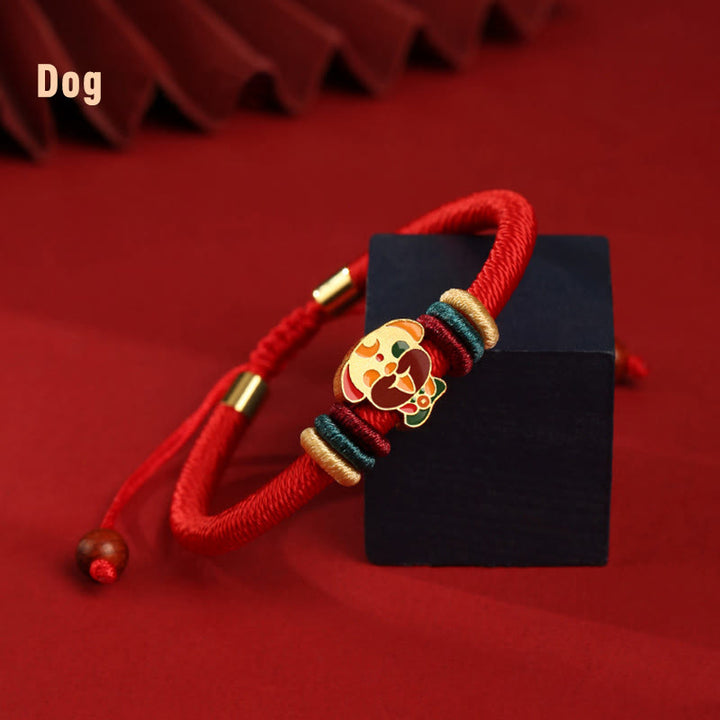 Braccialetto rosso intrecciato con ciondolo a forma di fortuna Buddha Stones in argento sterling 925 fatto a mano con motivo dell'anno del drago cinese