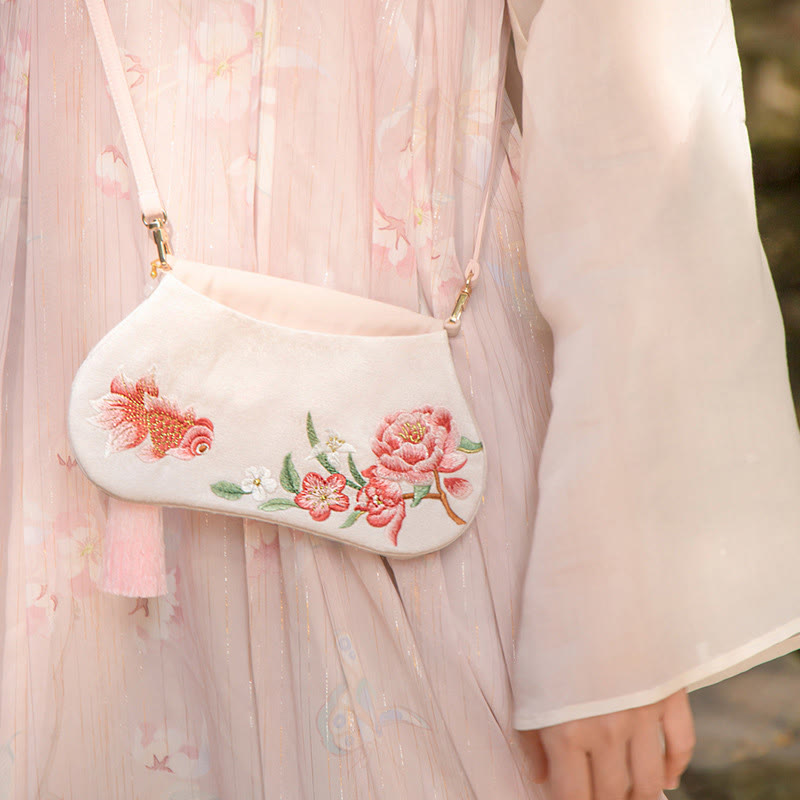 Buddha Stones Fortuna Ricamo Loto Koi Pesce Coniglio Fiore Borsa Hanfu Borsa a Tracolla Borsa a Tracolla - Peonia di pesce Koi - image 29