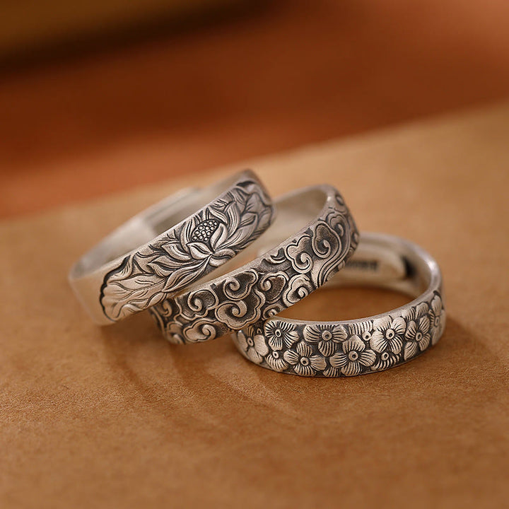 Anello di illuminazione inciso con Buddha Stones in argento sterling 999, fiore di loto, fiore di prugna, nuvole di buon auspicio