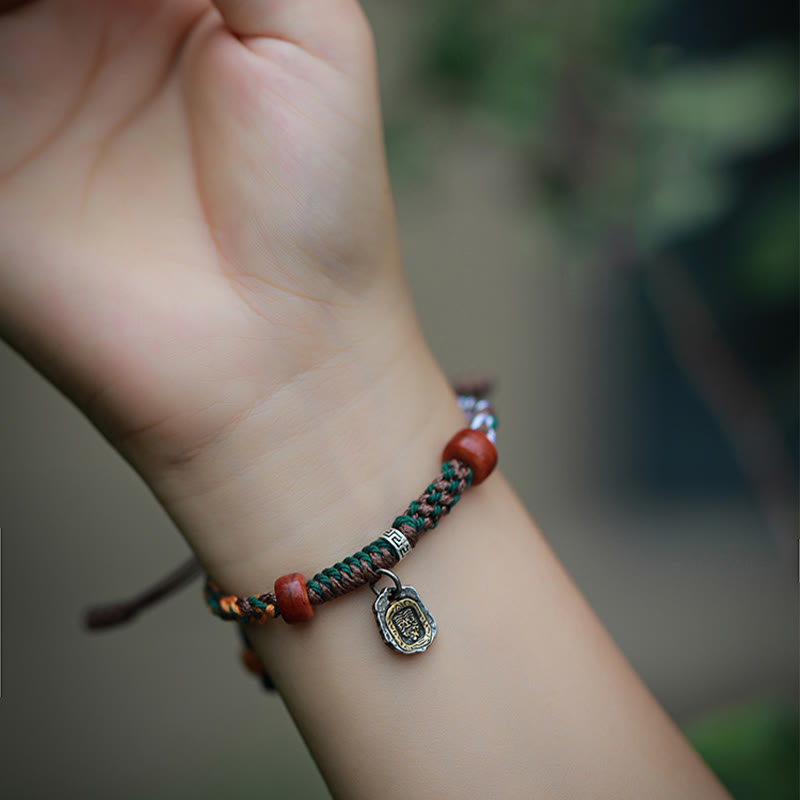 Bracciale intrecciato con protezione in osso di cammello , Buddha Stones 925, con dea della ricchezza, Zakiram