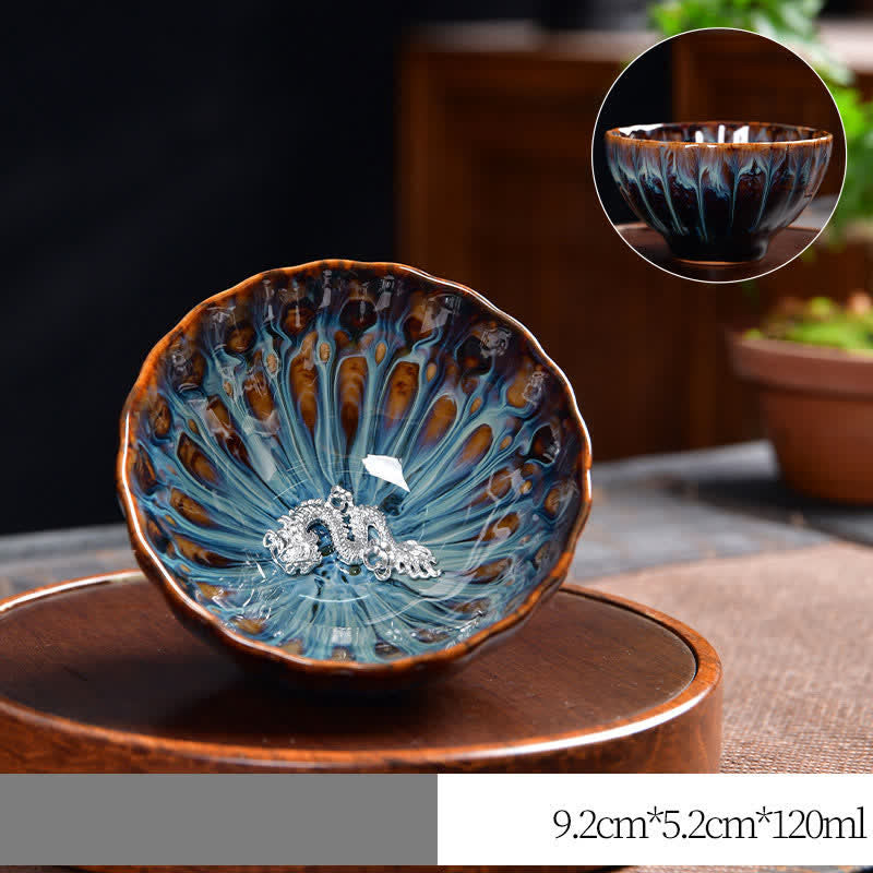 Buddha Stones Lotus Pavone Drago Fenice Koi Pesce Tazza da tè in ceramica Tazze da tè intarsiate 120ml