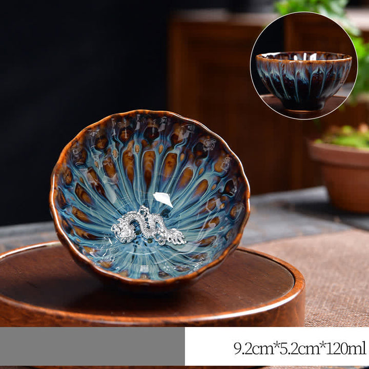 Buddha Stones Lotus Pavone Drago Fenice Koi Pesce Tazza da tè in ceramica Tazze da tè intarsiate 120ml