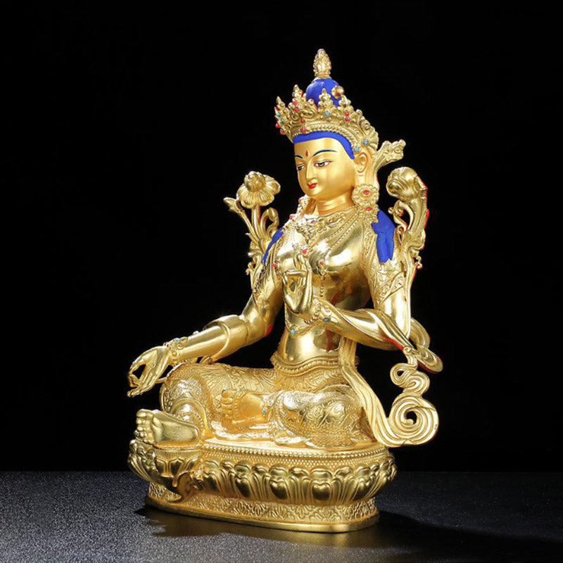 Decorazione statua in rame placcato oro Bodhisattva Tara verde protezione