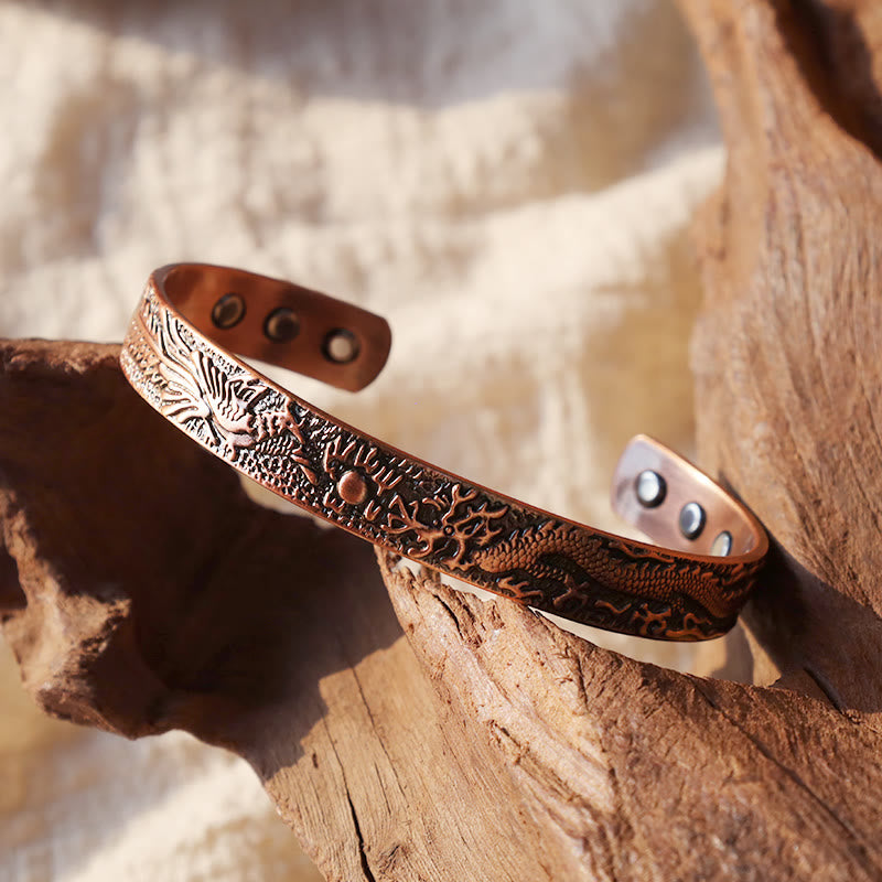 Bracciale rigido magnetico in rame massiccio con drago e fenice Buddha Stones