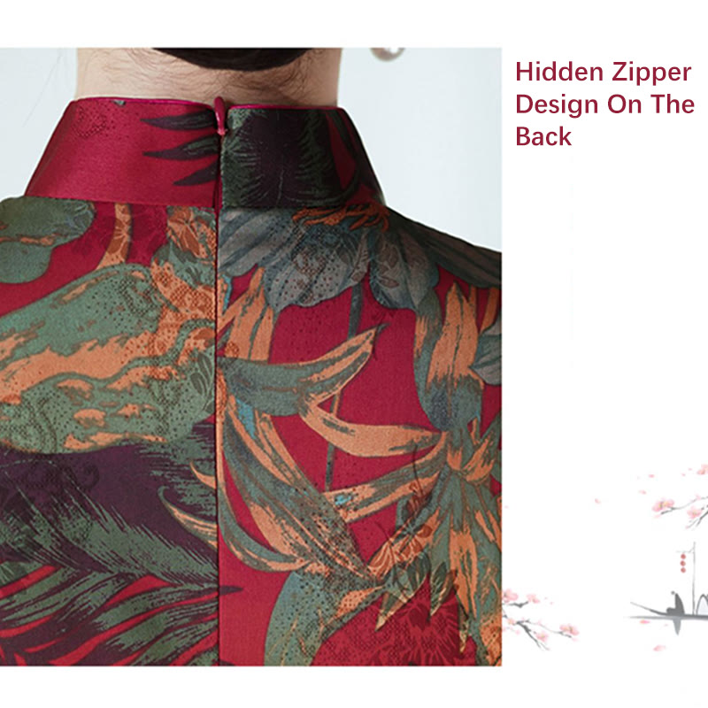 Abito Buddha Stones in seta Qipao con motivo a foglie e fiori retrò, abito cheongsam da donna - image 12