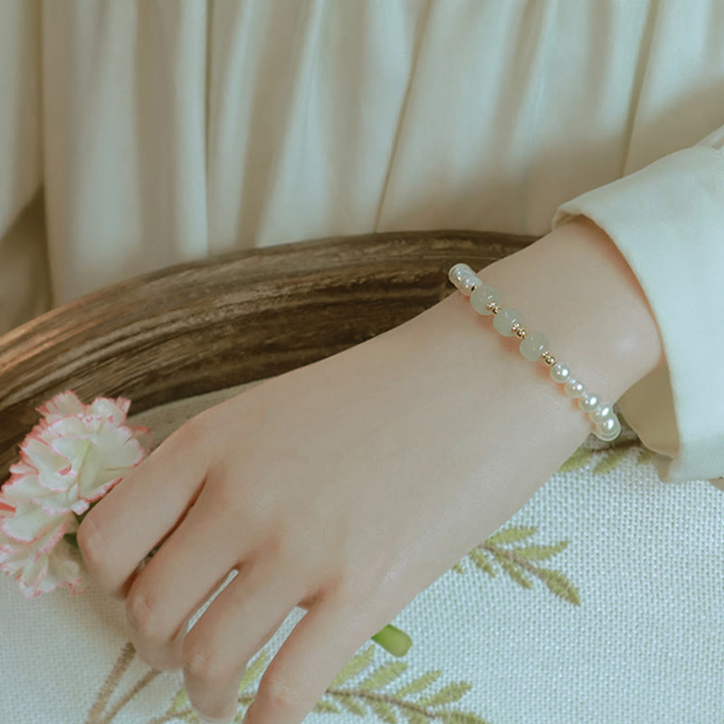Braccialetto a catena con perle di sincerità in giada bianca e giada ciano di Hetian, placcato in oro 14K