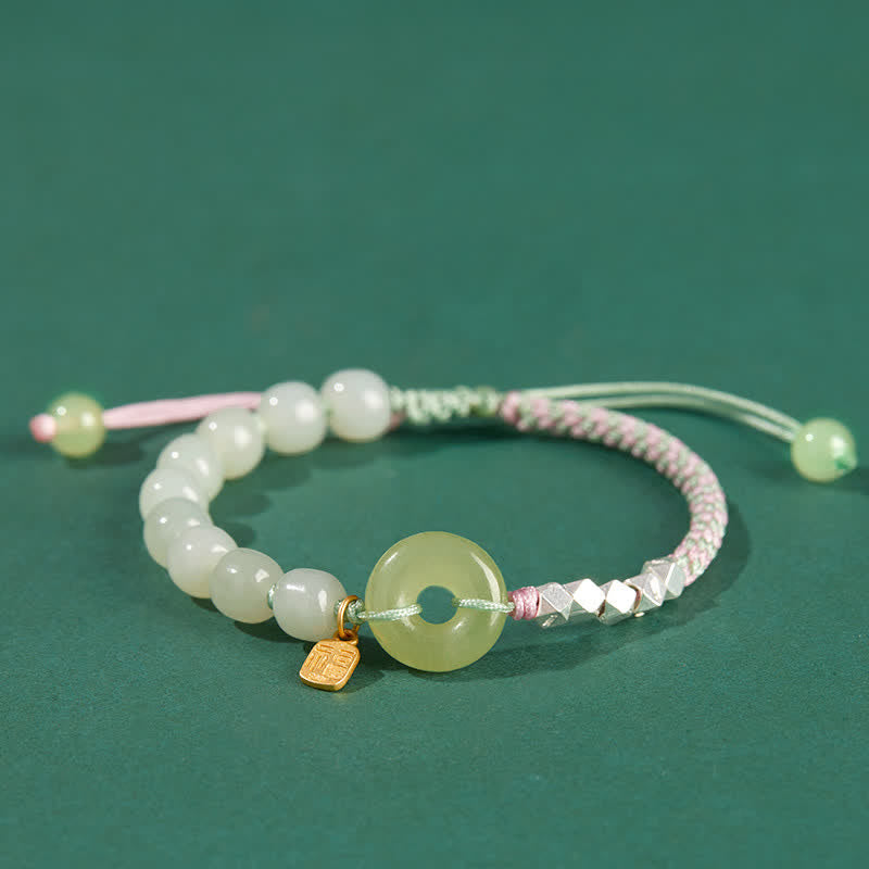 Braccialetto con ciondolo di fortuna e felicità con perline e fibbia della pace in giada Hetian in argento sterling 925 Buddha Stones