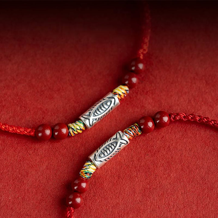 Buddha Stones 925 Sterling Silver Koi Fish Cinnabar Bead Wealth Braccialetto intrecciato artigianale Cavigliera