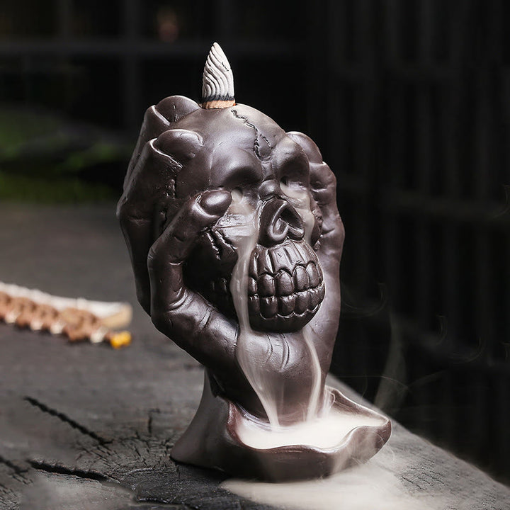 Buddha Stones Halloween Skull con mano fantasma Decorazione bruciatore di incenso spirituale in argilla viola