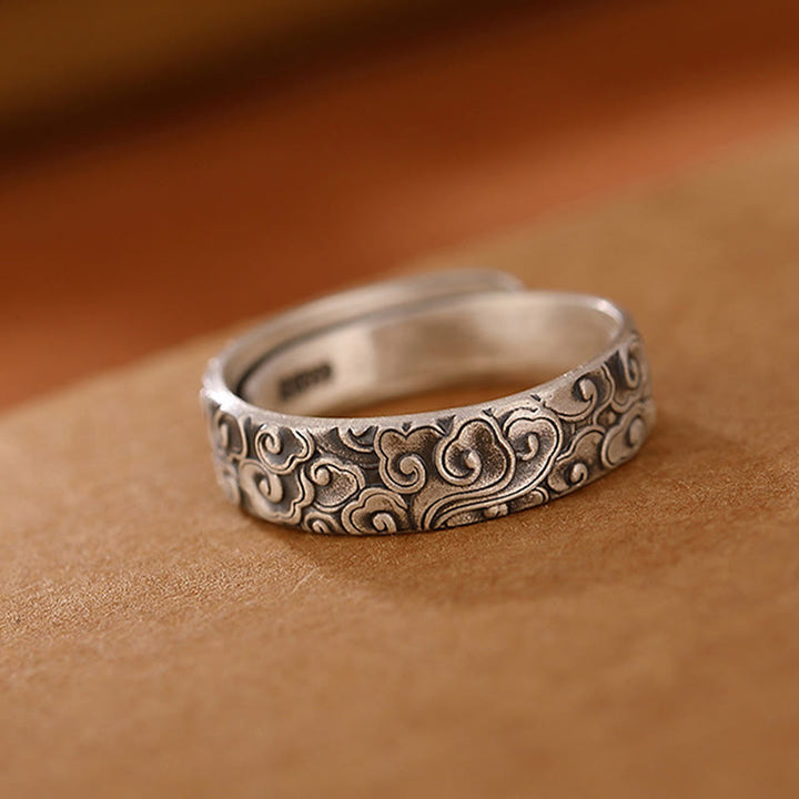 Anello di illuminazione inciso con Buddha Stones in argento sterling 999, fiore di loto, fiore di prugna, nuvole di buon auspicio